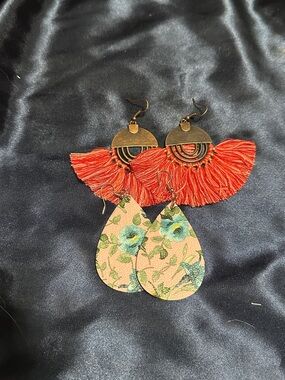 Women’s Red Fringe and Floral Teardrop Earrings